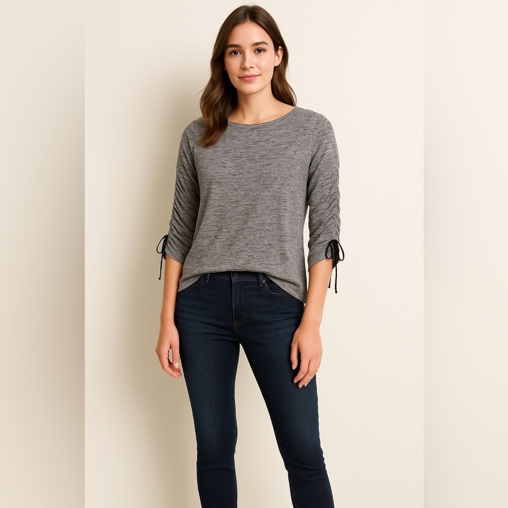 👚 LOFT Heather Gray Ruched Sleeve Knit Top | Women’s Size S